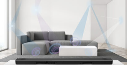 A concept image visualizing the LG SoundBar model SN11RG’s AI Room Calibration feature optimizing sound for the living room