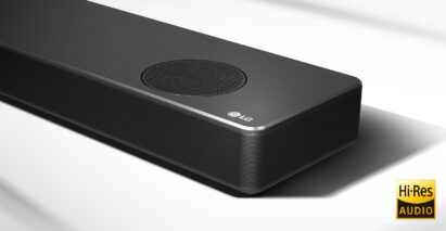 A close-up of the LG SoundBar model SN11RG’s right side with the Hi-Res Audio logo displayed in the bottom right corner