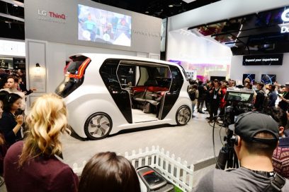 A rear side view of the Connected Car concept LG unveiled at CES 2020, which showcases the future of the car with the company’s leading LG ThinQ intelligence