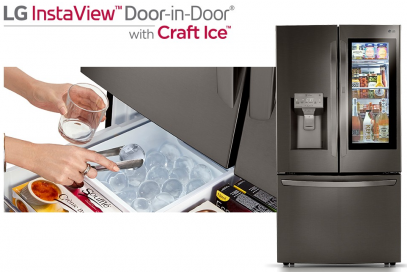 A promotional image shows someone picking up balls of ice for their drink from LG's InstaView Door-in-Door Refrigerator with Craft Ice