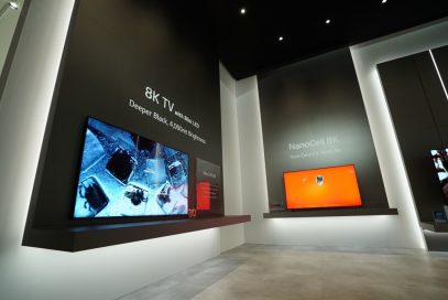 A view of the corner of LG’s 8K TV zone at CES 2020, with the company’s Mini LED and 8K NanoCell TVs on display