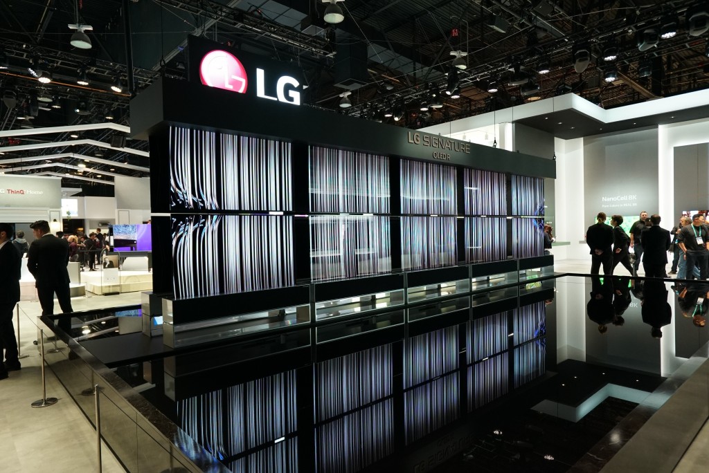 Ten LG SIGNATURE OLED R TVs, five of them hanging upside down, create an awe-inspiring display all in their full-view modes at the company’s CES 2020 booth