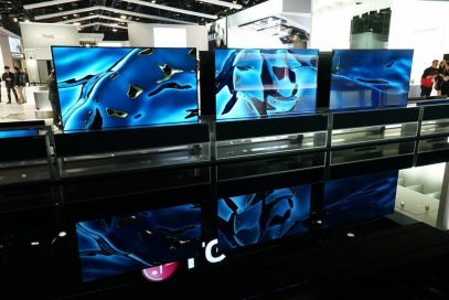 A closer look at three of the LG SIGNATURE Rollable TVs (R) being showcased in their full-view mode at the company’s CES 2020 booth