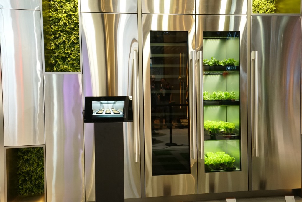 A front view of LG’s indoor gardening appliance and wine cellar built into the wall of the LG ThinQ Home Zone at CES 2020
