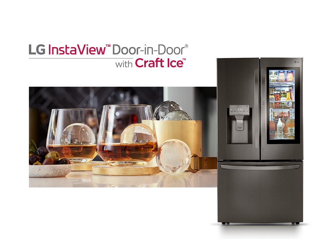 Front view of LG InstaView™ Door-in-Door® showing its inside through the InstaView becoming transparent with a close-up view of multiple glasses of whiskey on the rock made using Craft Ice™ placed on a table