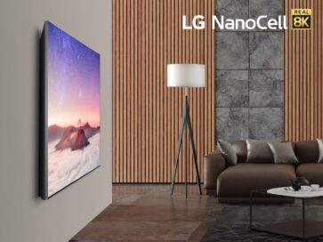 Left-side view of LG’s 75-inch 8K NanoCell TV model Nano99 hanging on the wall of a cozy living room, with the LG NanoCell Real 8K logo in the top-right corner of the image