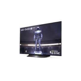 Right-side view of LG’s 48-inch OLED TV model CX, with the LG OLED AI ThinQ and NVIDIA G-Sync logos in opposite corners of the TV’s display