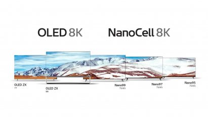 View of LG’s 8K OLED TV lineup with OLED 8K logo placed above on the left, and LG’s 8K NanoCell TV lineup with NanoCell 8K TV logo placed above on the right