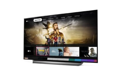 Right side view of an LG TV using the Apple TV app’s user interface to navigate TV shows and films