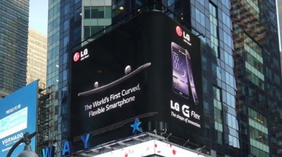 An advertisement for LG G Flex, the world’s first curved flexible smartphone, in the middle of a bustling city