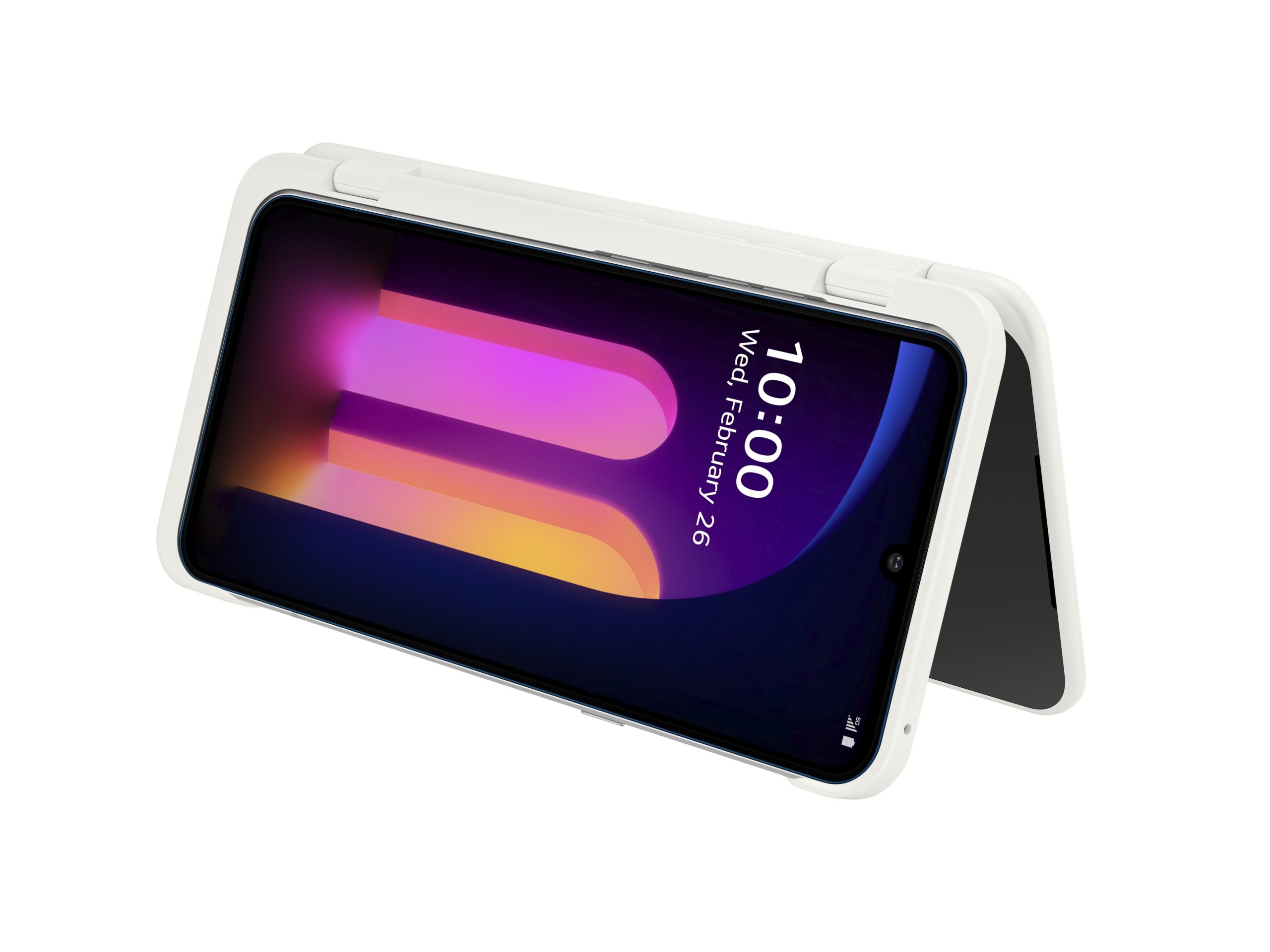 The front view of the LG V60 ThinQ 5G attached to the Dual Screen in White folded like a tent