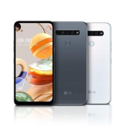 The front and rear view of the LG K61 in Titanium and White