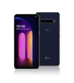 The front and rear view of the LG V60 ThinQ 5G in Classy Blue