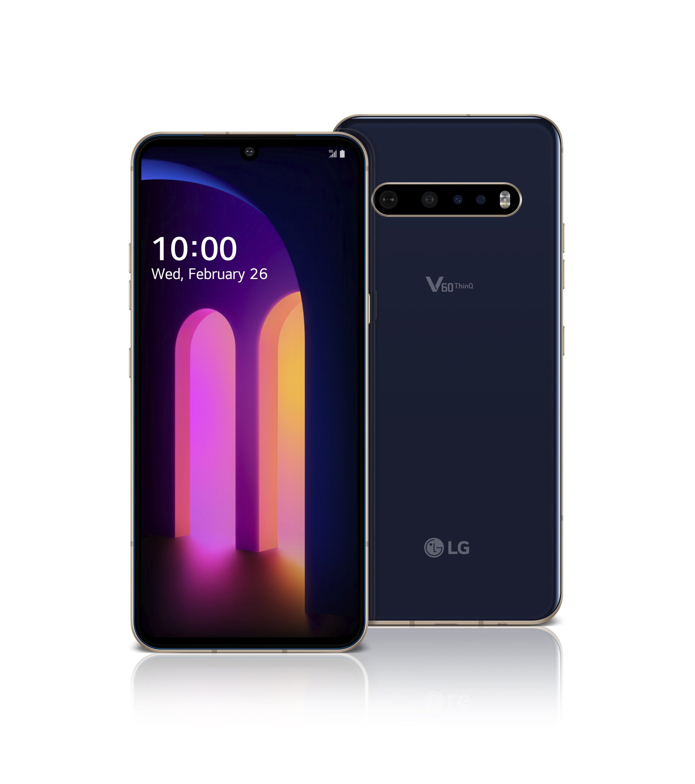 The front and rear view of the LG V60 ThinQ 5G in Classy Blue