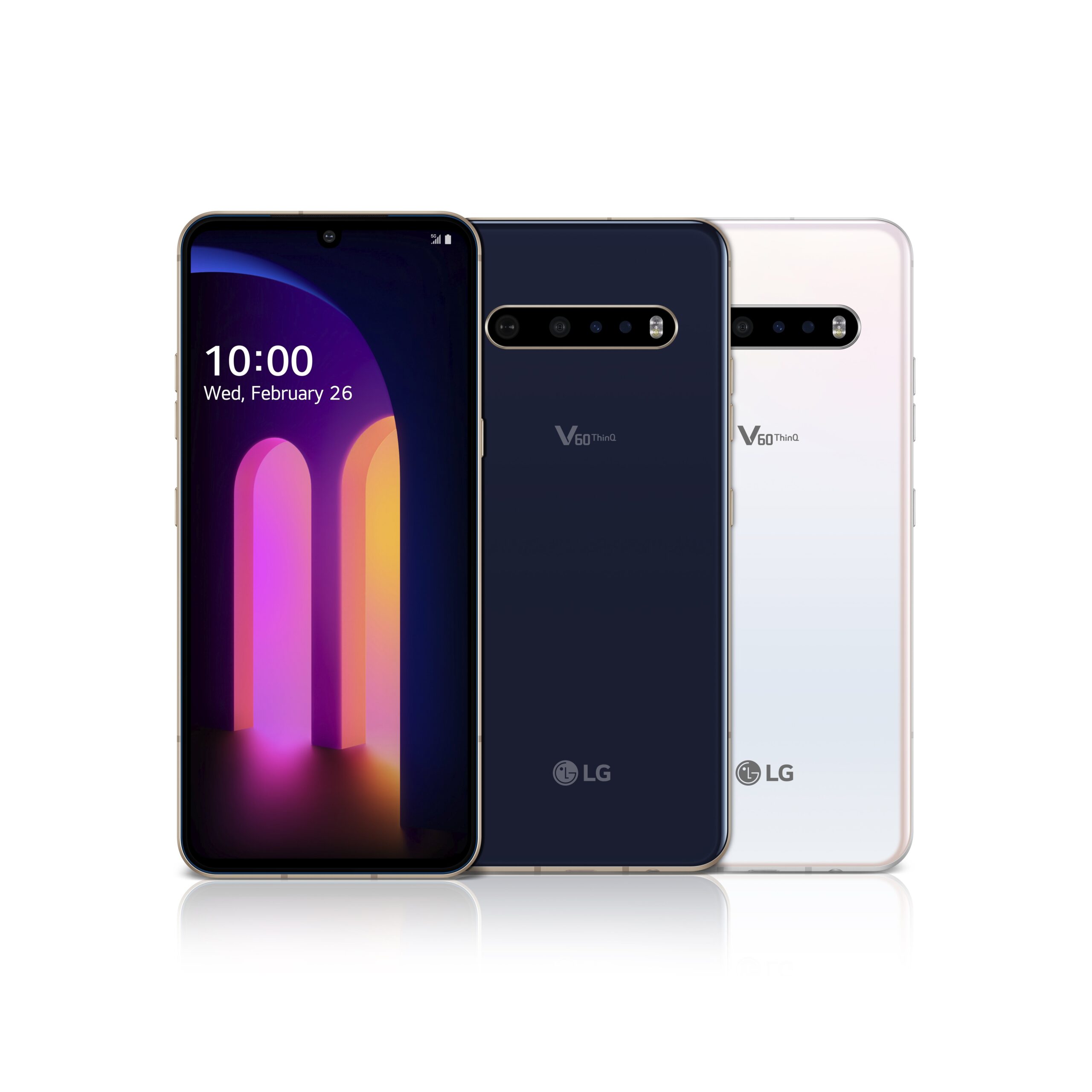 The front and rear view of the LG V60 ThinQ 5G in Classy Blue and Classy White