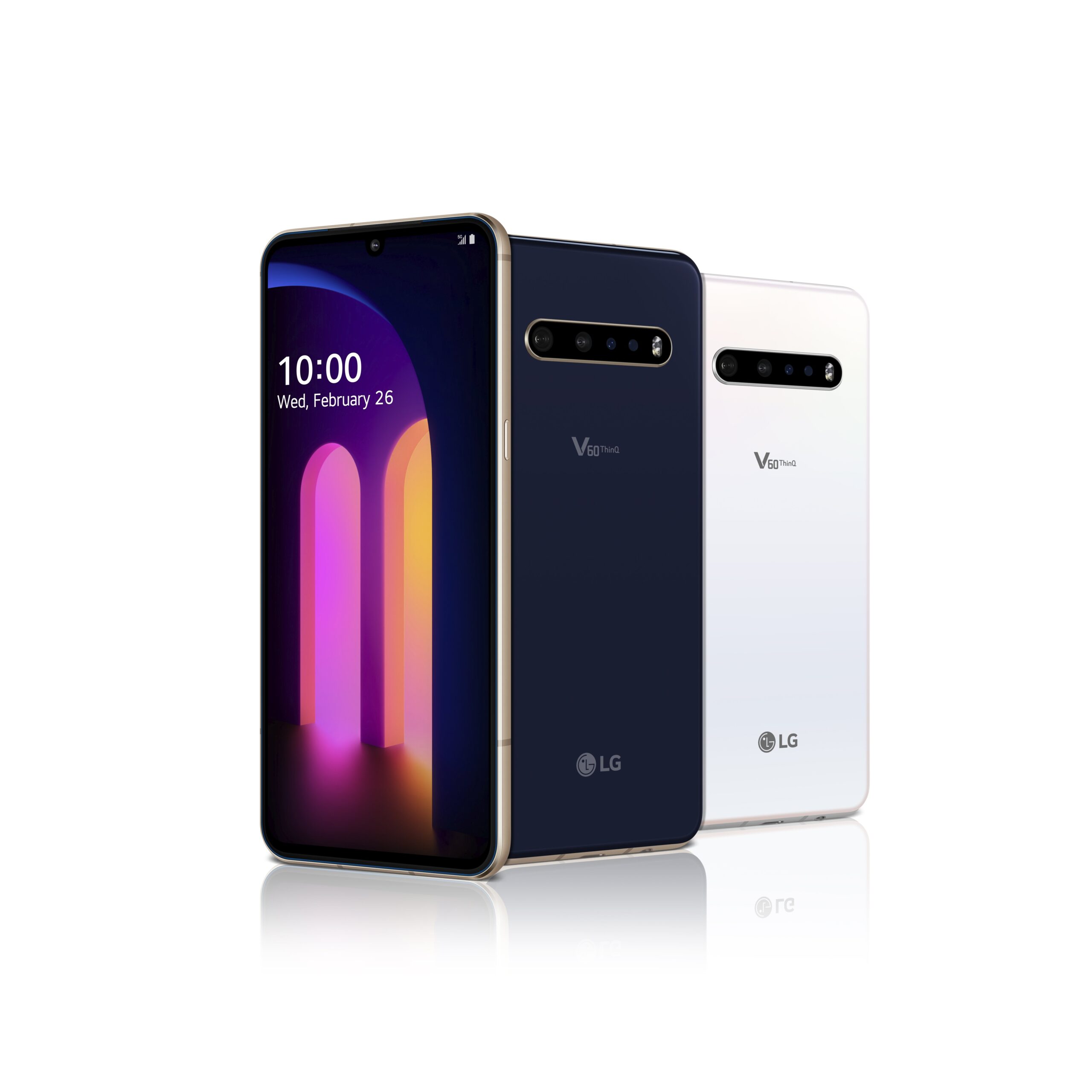 The front and rear view of the LG V60 ThinQ 5G in Classy Blue and Classy White