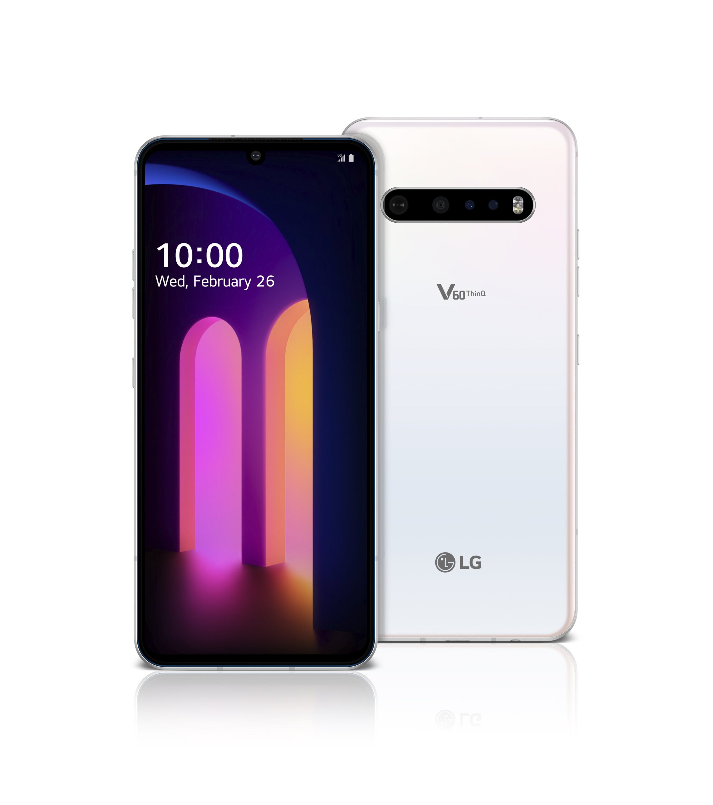 The front and rear view of the LG V60 ThinQ 5G in Classy White