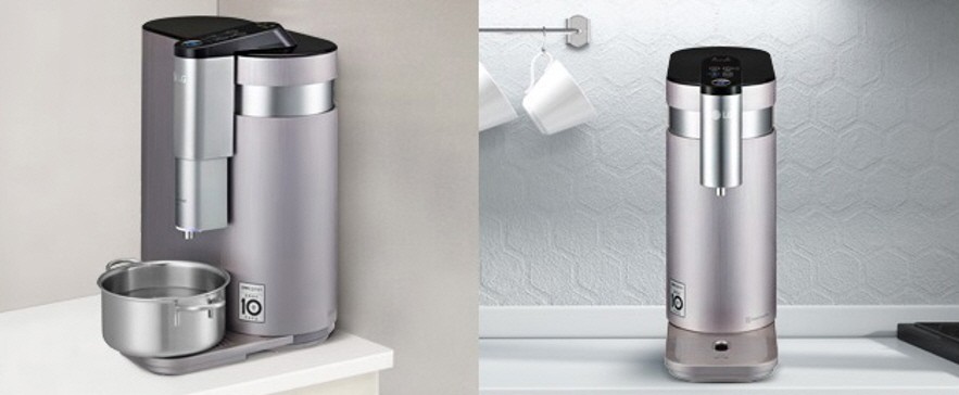 A right-side view of LG PuriCare™ with a pot placed underneath on the left, and its front view on the right