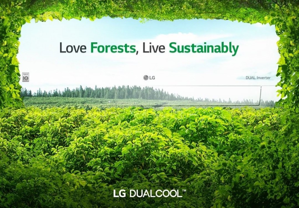 Promotional image of LG DUAL COOL surrounded by a dense green forest