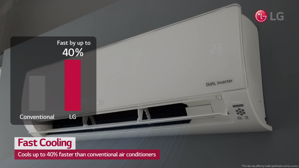 Front view of the LG DUAL COOL with a bar graph illustrating its 40% faster cooling compared to conventional air conditioners