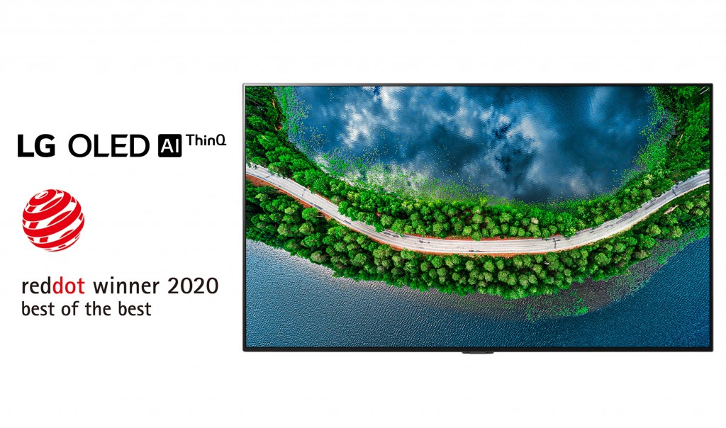 Front view of LG OLED TV GX with the LG OLED AI ThinQ and ‘Red Dot winner 2020 Best of the Best’ logos on the left side