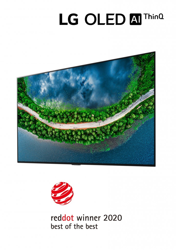 Right-side view of LG OLED TV GX with the LG OLED AI ThinQ logo above and the ‘Red Dot winner 2020 Best of the Best’ logo below