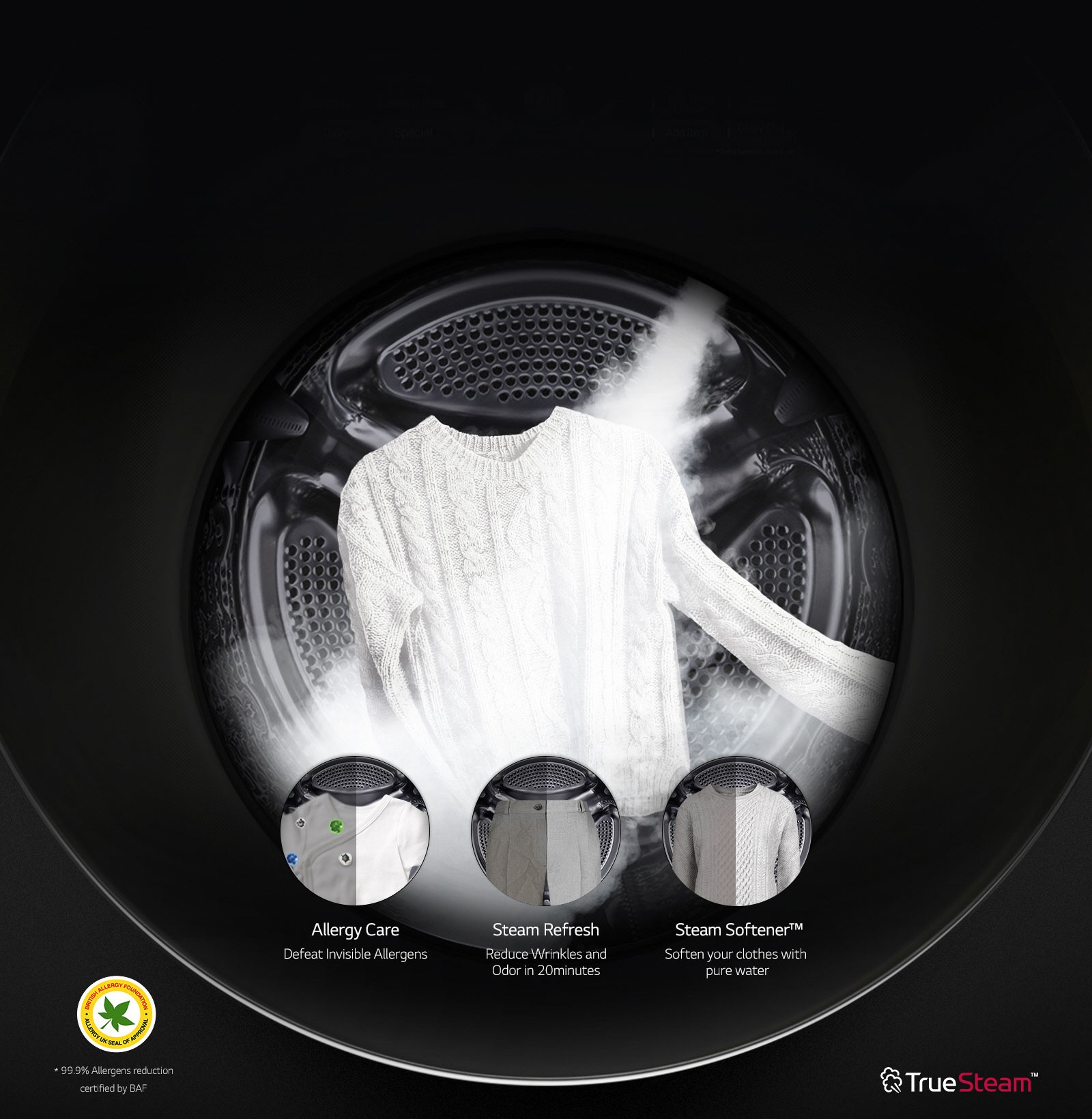 Promotional image showing inside an LG washing machine’s drum as its TrueSteamTM technology cleans a sweater, with icons overlapping to highlight its Allergy Care, Steam Refresh and Steam Softener features