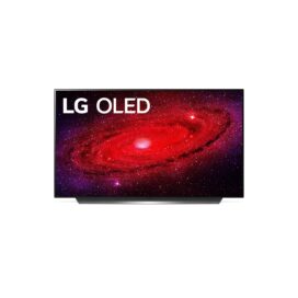 Front view of LG’s 48-inch OLED TV displaying every detail of a red and purple galaxy, with the LG OLED logo in the top-left corner of the screen