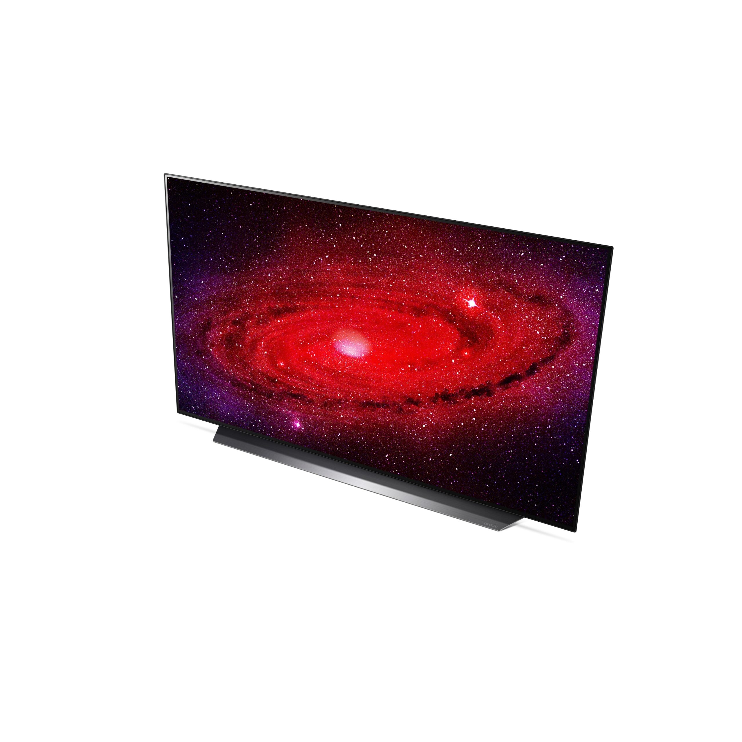 Right side view of LG’s 48-inch OLED TV displaying a galaxy in extreme detail with powerful reds and purples