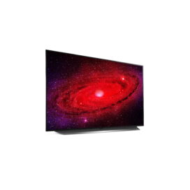 Left side view of LG’s 48-inch OLED TV displaying a galaxy in extreme detail with powerful reds and purples