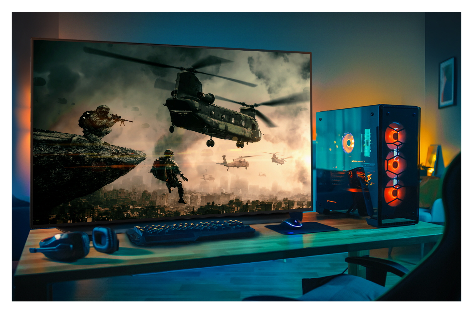 LG’s 48-inch OLED TV delivering immersive and smooth gameplay and picture quality as part of a gaming setup in a dimly lit room