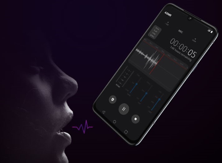 A concept image visualizing the notion of Autonomous Sensory Meridian Response (ASMR), with a woman speaking directly into LG’s smartphone.