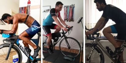 Three male participants of the LG Nanocell / SWEATers Indoor Cycle Challenge hold nothing back as they ride for first place at home