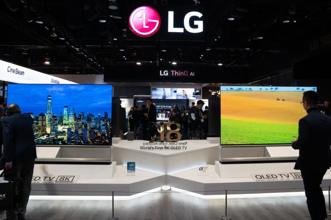 Front view of the LG 8K OLED TV display zone with two 8K models at the company's booth during CES 2019