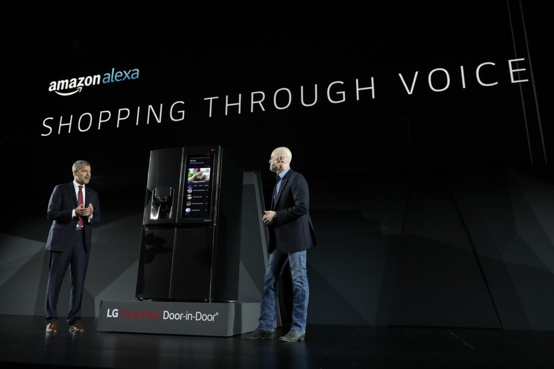 David VanderWaal, Senior Vice President, Marketing, LG Electronics discuss the AI connectivity of LG's home appliances with a delegate from Amazon Alexa at its CES 2017 Press Conference.
