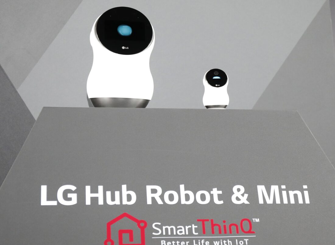 LG's CLOi Hub Robot and CLoi Mini are placed on a display stand at LG's CES 2017 Press Conference.