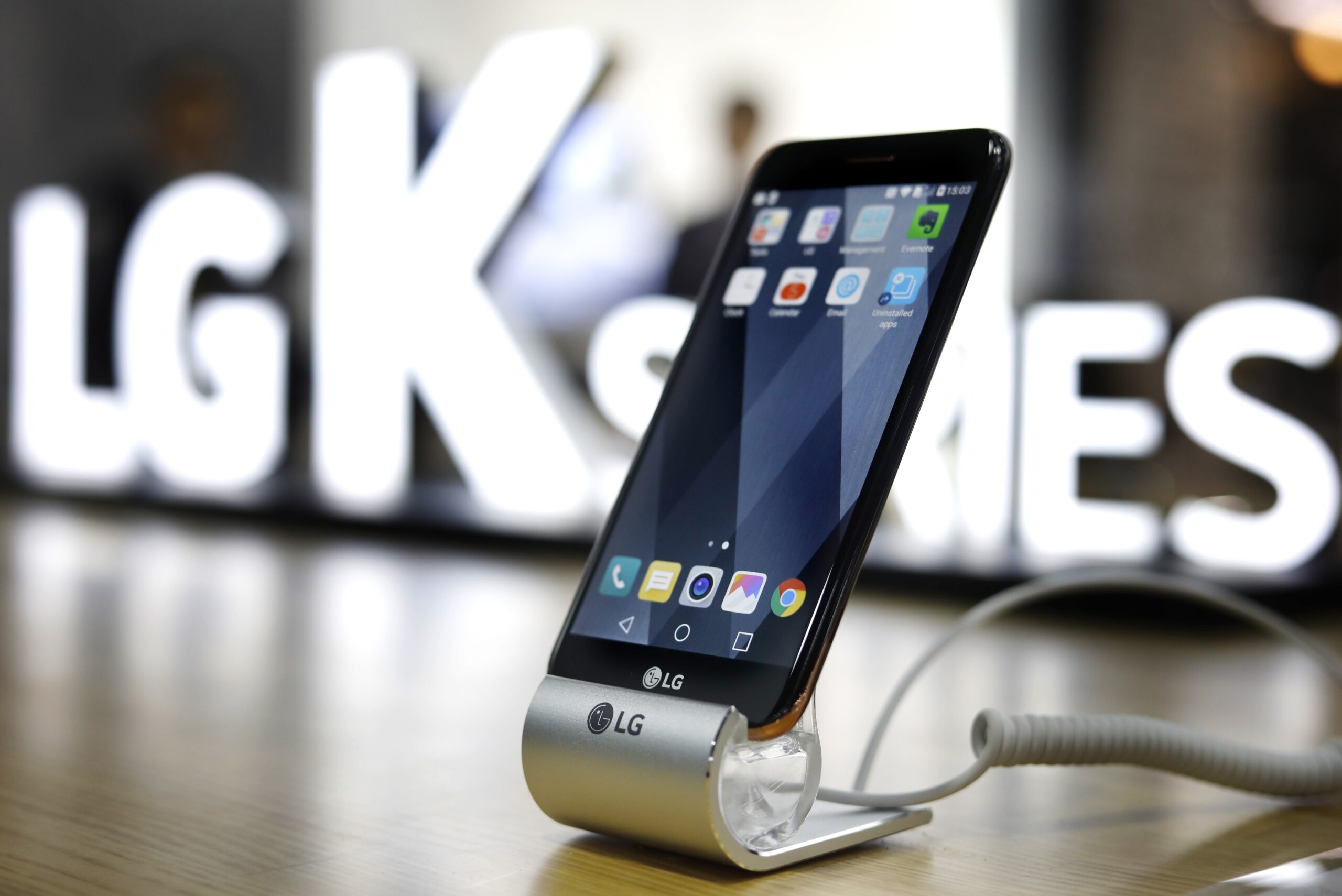 Close-up view of LG's K8 smartphone on display at the company's CES 2017 booth