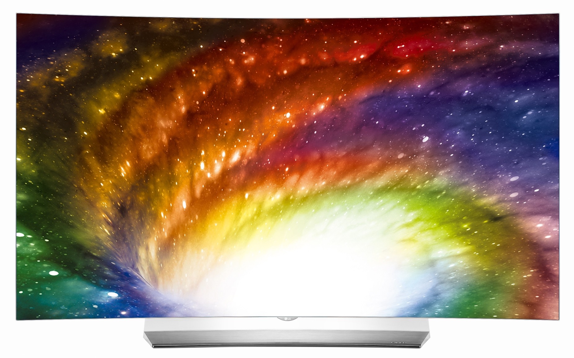 Front view of one of LG’s TVs, model OLED55C6K, displaying colorful imagery to commemorate the new partnership between LG and Bang & Olufsen