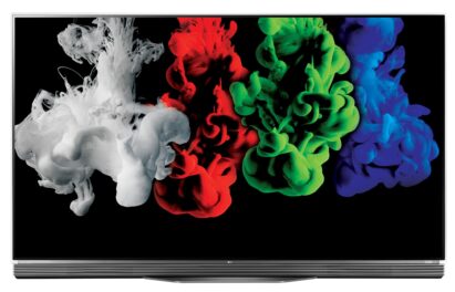An image of one of LG’s TVs, model OLED55E6K, displaying colorful imagery to commemorate the new partnership between LG and Bang & Olufsen