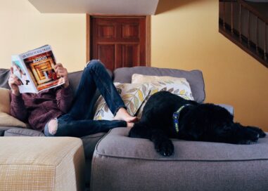 A Man sits on his couch with his dog while reading a magazine