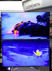 Two LG SUPER UHD TV models on display at LG's CES 2017 booth