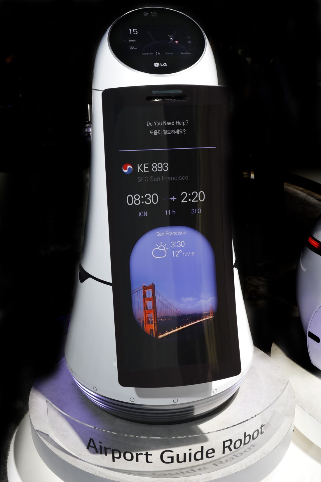 Close-up front view of LG's Airport Guide Robot on display at LG's CES 2017 booth