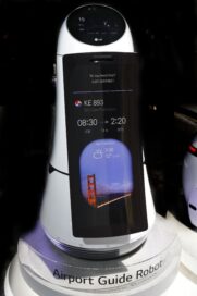 Close-up front view of LG's Airport Guide Robot on display at LG's CES 2017 booth