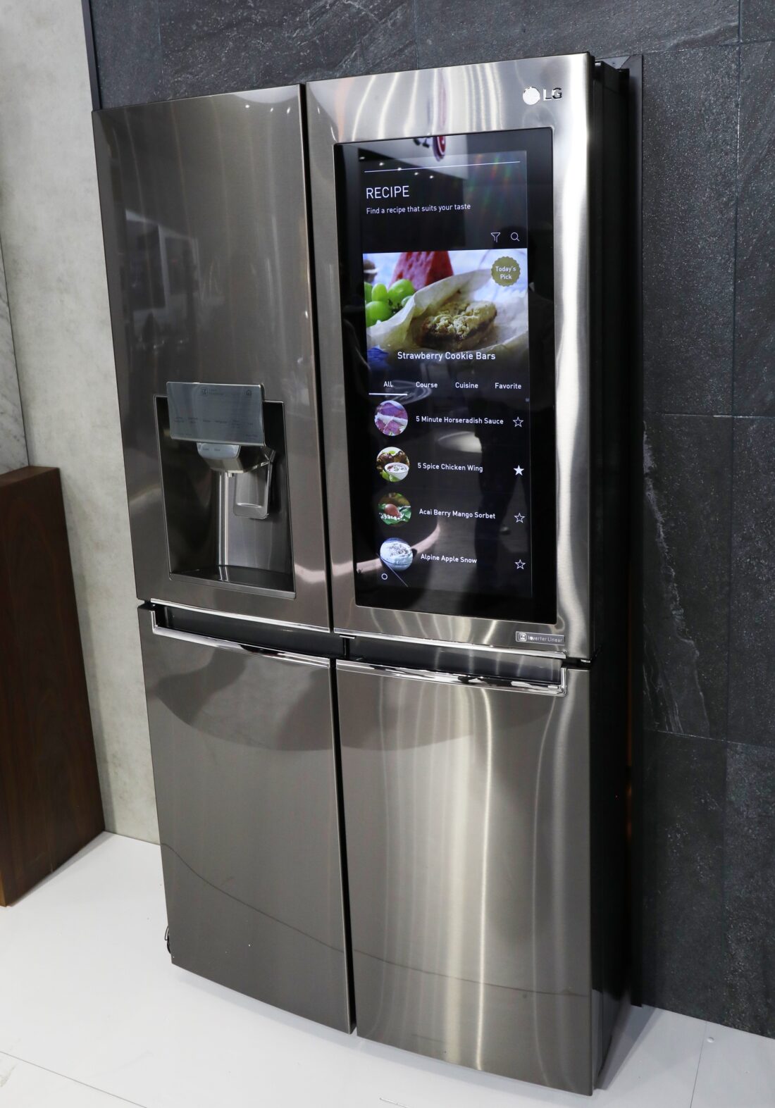 An LG InstaView Door-in-Door refrigerator in the LG display zone at CES 2017
