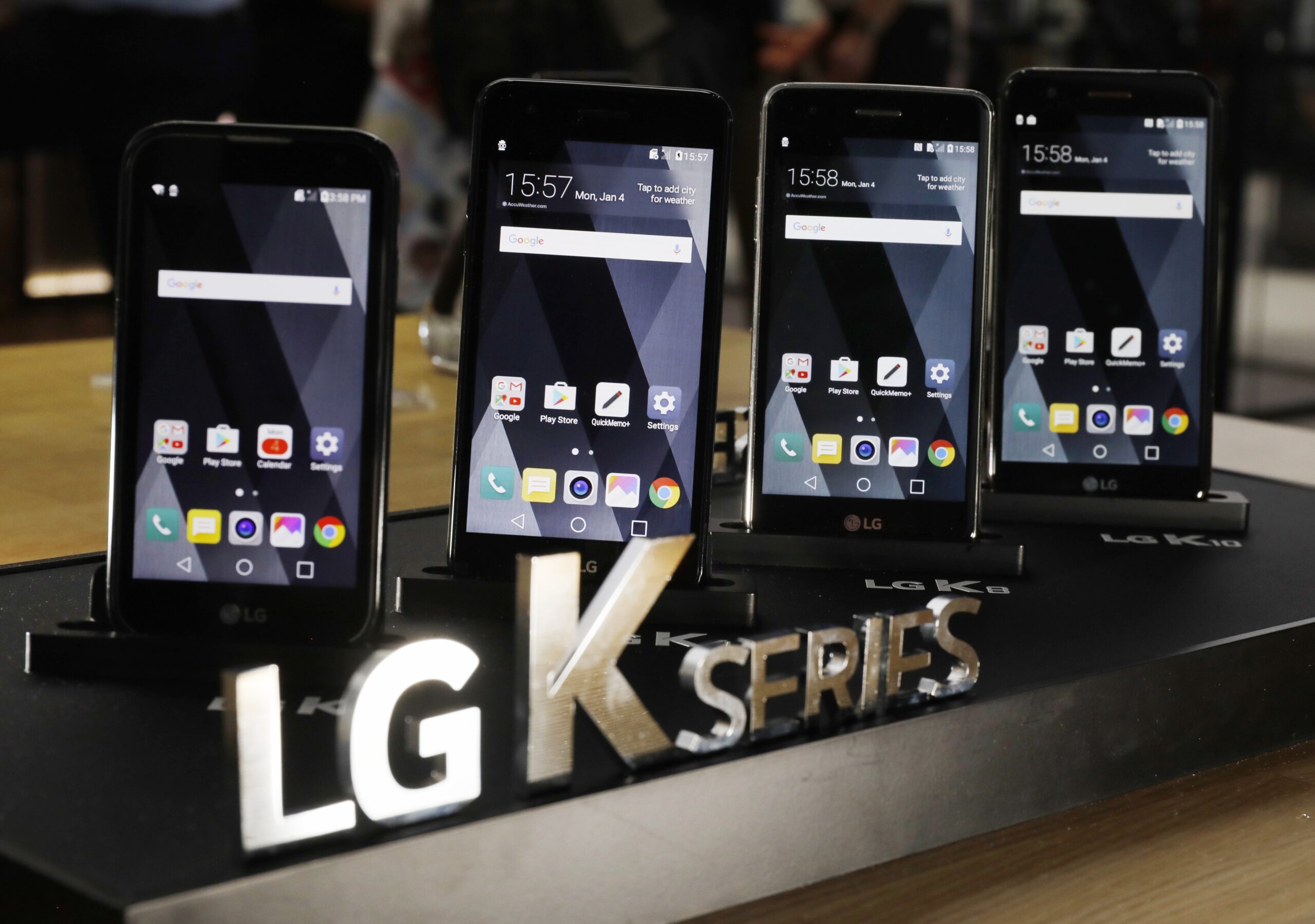 Close-up front view of the LG K Series smartphones including the K4, K7, K8 and K10 models on display at LG's CES 2017 booth