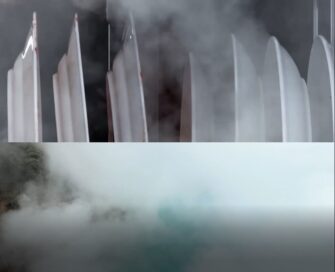An image combining the High-temperature TrueSteam produced inside the dishwasher with the natural steam coming off a lagoon