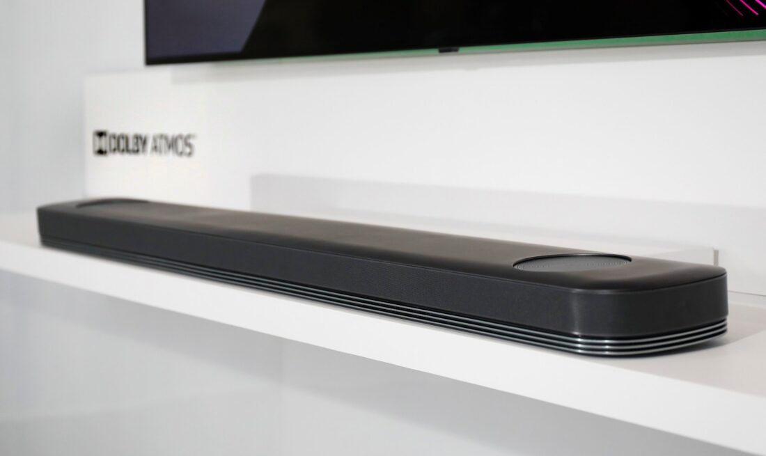 A close view of an LG soundbar with the Dolby Atmos capabilities at LG's CES 2017 booth