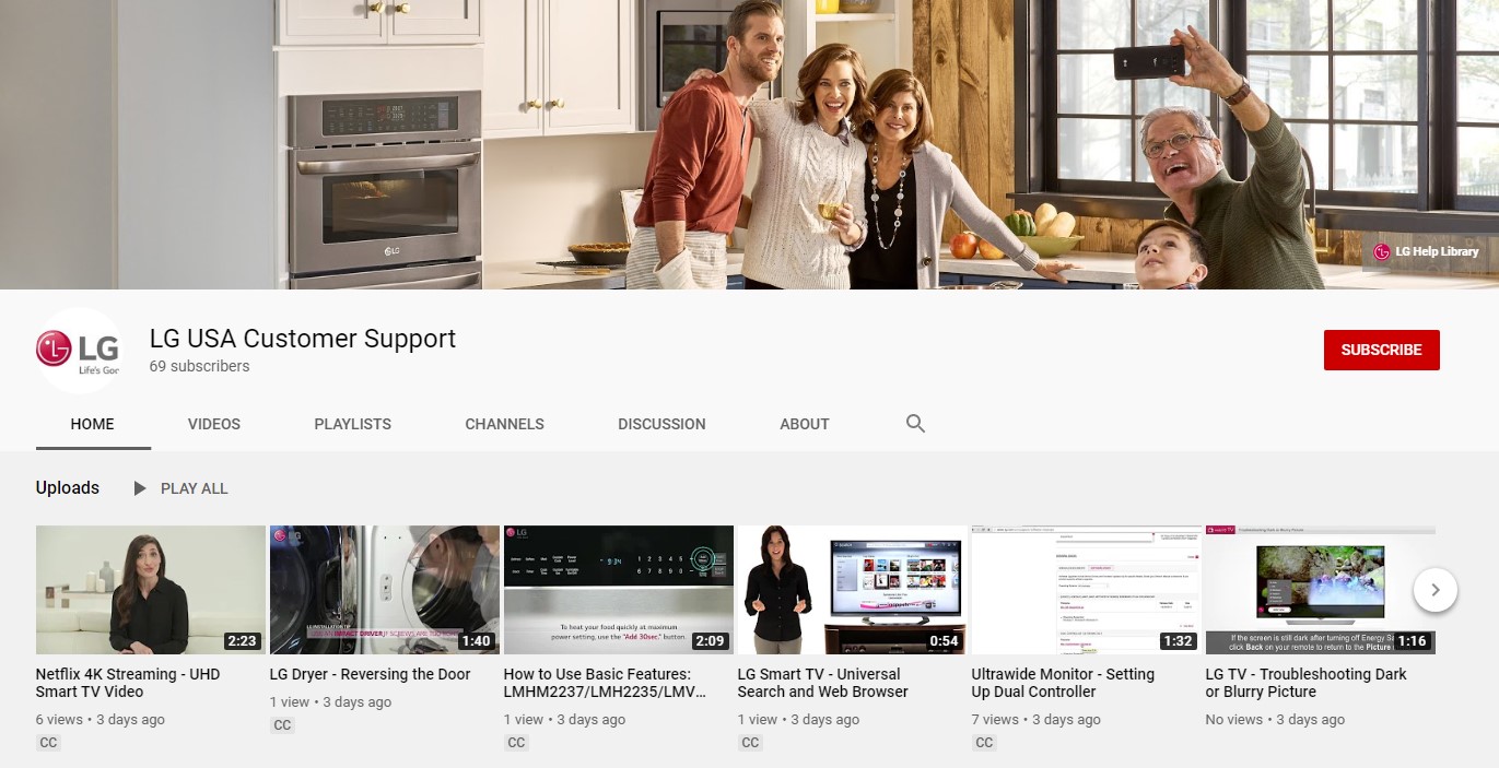 The front page of LG USA Customer Support’s YoutTube channel