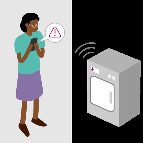 A graphic showing a woman getting an alert on her smartphone from her appliance while away