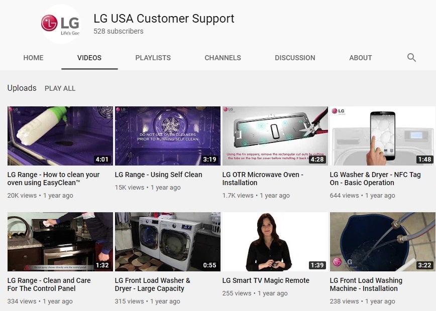 The front page of LG USA Customer Support’s YouTube channel